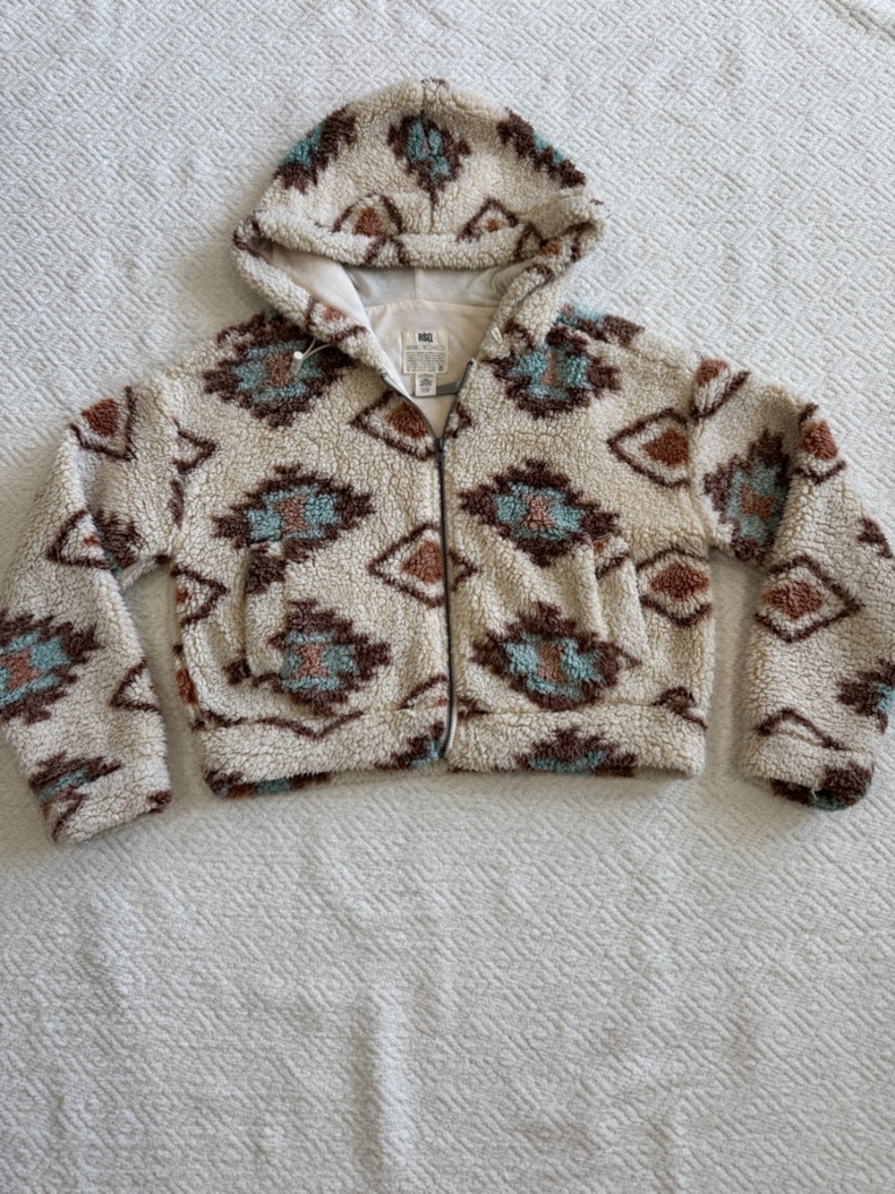 RSQ Hooded Sherpa Puffer Jacket in Cream, Teal & Brown Sz S